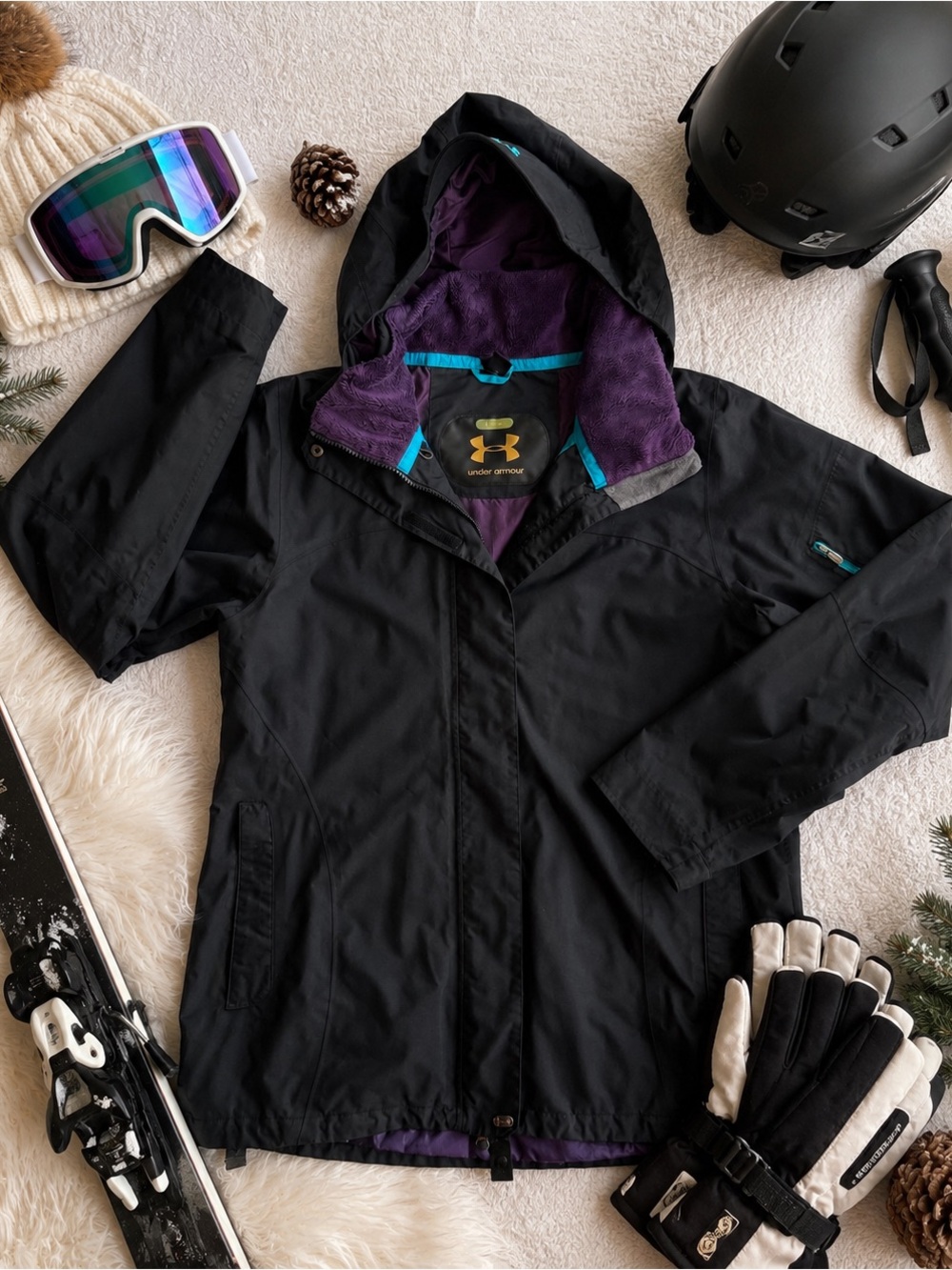 Under Armour Women’s Black Hooded Ski Snow Jacket Large Waterproof Winter Coat